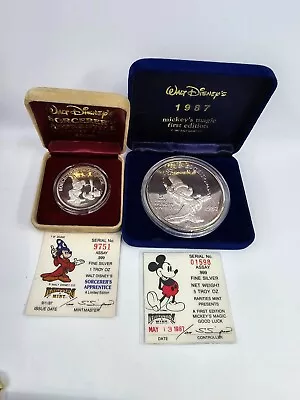 1987 Walt Disney Mickey Mouse .999 Silver 2 Coin Lot W/coa 1 Oz & 5 Oz Proofs LE • $150