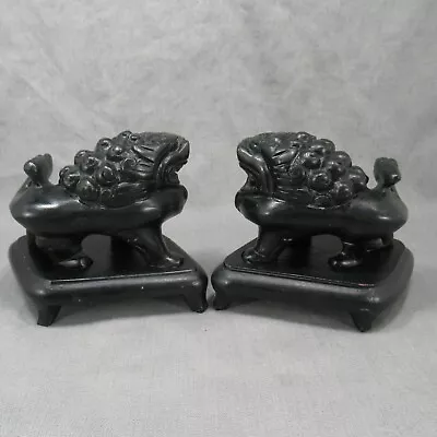 Vintage Pair Chinese Hand Carved Guardian Foo Dog Lion Statues On Wooden Base • $29.99