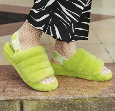 UGG Fluff Yeah Slides Parakeet Green Sandals 1120030K EU 37 Womens 7 Kids 5 New • $48