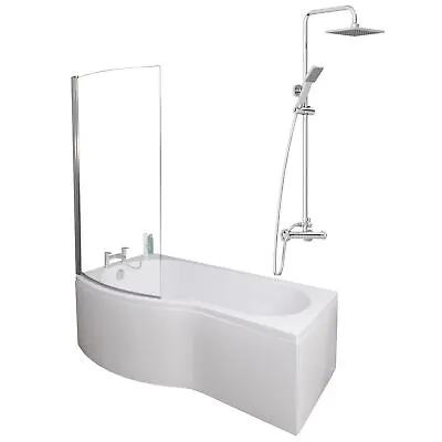 Bathroom P Shaped Shower Bath 1700mm LH Mixer Shower Screen Side End Panel White • £449.99