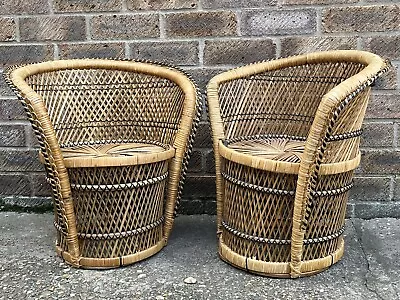 Pair Of Child's Rattan Cane Wicker Plant Stands Woven Bamboo Chair Tiki Boho • £89.99