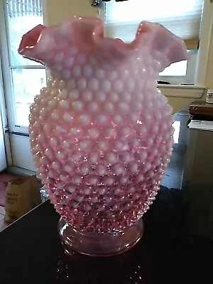 Fenton Cranberry Pink Opalescent Hobnail Vase Ruffled Edges 8  • $24.99