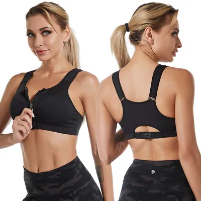 Ladies Zipper Front Fastening Sports Bra High Impact Non Wired Comfort Plus Size • £13.99