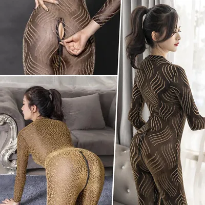 £15.66 • Buy Women Sexy Sheer Shiny Leopard Bodysuit Zipper Crotch Slim See Through Jumpsuit