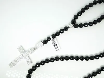 Mens Rosary Diamond Necklace Chain Black Onyx 7.5Mm With Diamond Cross • $749.99
