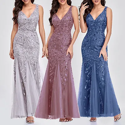 Women Sexy Sequin Prom Dresses V-Neck Sleeveless Embroidered Party Maxi Dresses • £22.79