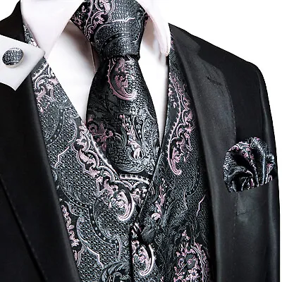 $9.99 • Buy Men's Silk Vest Waistcoat ,Grey Paisley Vest Hanky Cufflinks Set 2XL