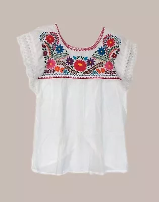 Mexican Traditional Floral Embroidery Women's Tunic Blouse White Top M • $26