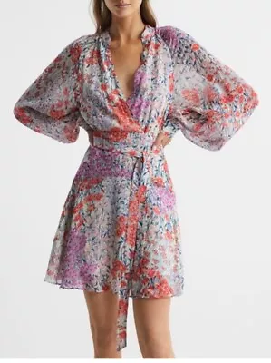 Meghan Fabulous Dress S Paisley Print  Mini Knot Side Wrap Long Sleeve Sheer • $28