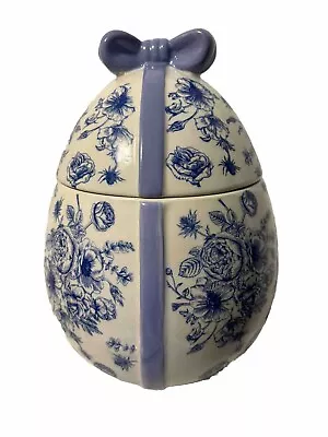 Easter Connections Ceramic Blue & White Floral  Egg Shape Cookie Jar 11  New • $19.57