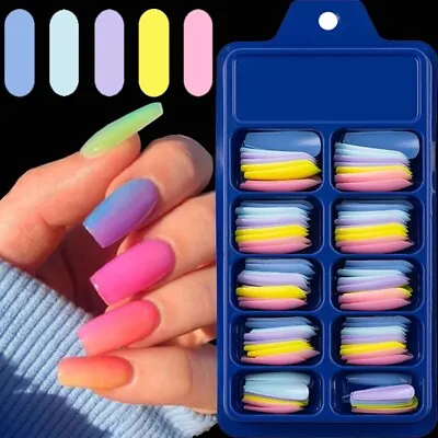 100Pcs Long Tapered Coffin False Nails.Full Cover Fake Nail Tips. Acrylic Matte. • £3.98