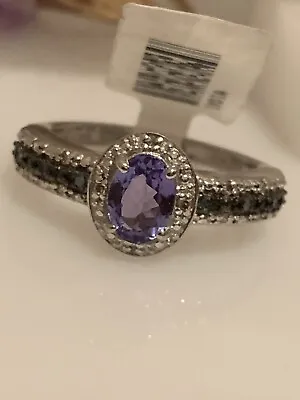 Tanzanite And Diamond Sterling Silver Halo Micro Pave Ring - Oval - Blue & White • $75