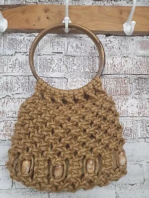 Jute Woven Purse Bag Macrame Shell Hoop Handles Natural Boho Retro Style Organic • $19.50