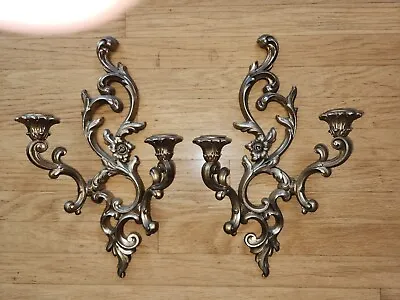 Vintage Set Syroco 3930 Cream Brown Old Gold Wall Sconce Candle Holders • £18.34