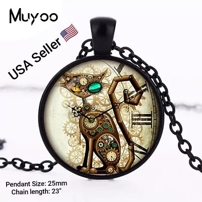 New Cat Pendant Steampunk Clock Necklace Round Photo Pendant Steampunk Jewelry • $9.99