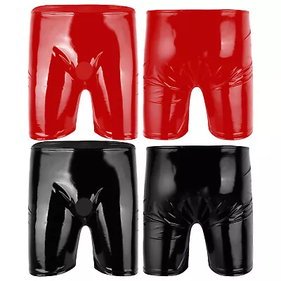 Mens Shiny PVC Leather Boxer Briefs Wet Look Open Front Trunks Shorts Clubwear • £10.31