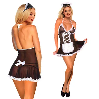 £6.99 • Buy French Maid Sexy Lingerie Mesh BDSM Cosplay Uniform Outfit Lace Up Dress 