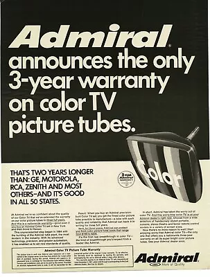 1968 ADMIRAL Color TV Television Tubes 3 Yr. Warranty Vintage Print Ad • $8.95