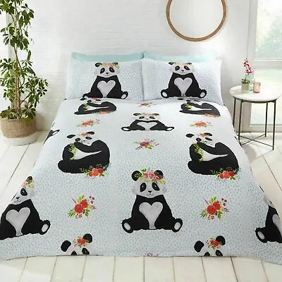 Rapport - Cute Animals Pandas Polka Dots & Flowers Duvet Quilt Cover Bedding Set • £13.49