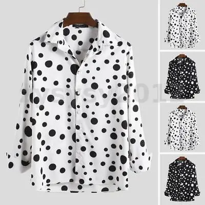 Retro Men Polka Dot Shirts Long Sleeve Shirt Tops Streetwear Hippie Party Blouse • £14.50