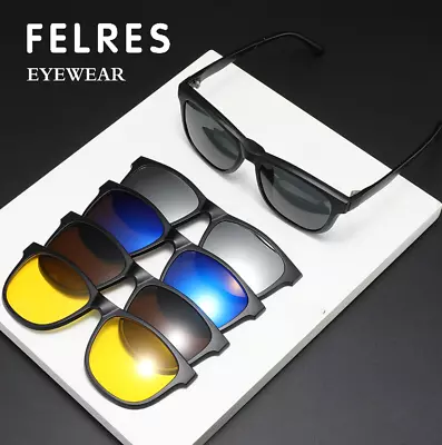 5 In 1 Magnetic Clip On Polarized Sunglasses For Men Square Glasses Frames New • $18.47