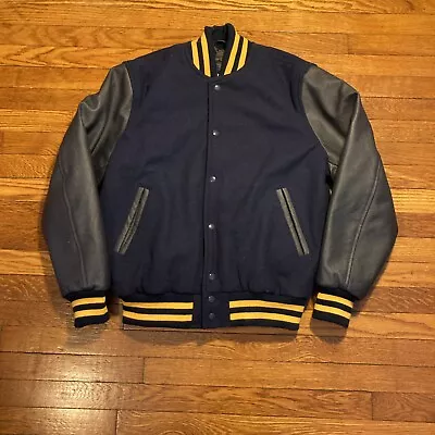 EUC Stewart Strauss Bomber Varsity Letter Jacket Blue Gold Sz L Wool Nylon • $69.50