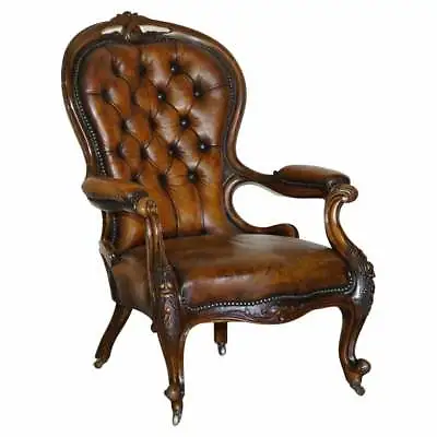 Fine Antique Show Framed Victorian Chesterfield Brown Leather Library Armchair • £3750