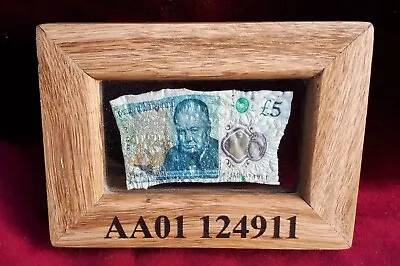 5 Pound Note Low Serial No AA01 124911 Collectors Item. Shrunk Solid Oak Frame • £15