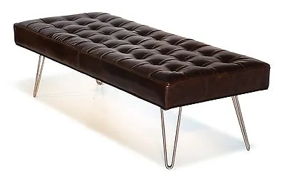 Mid Century Modern Dark Brown Button Tufting Leather Bench Ottoman Coffee Table  • $974.82