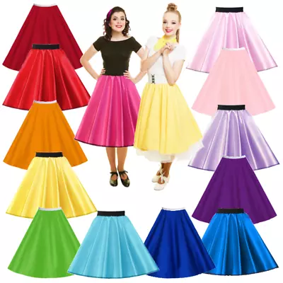 LADIES 50s Skirt Musical Plain SATIN Or Polyester Jive Rock Roll Circle Costume • £10.99