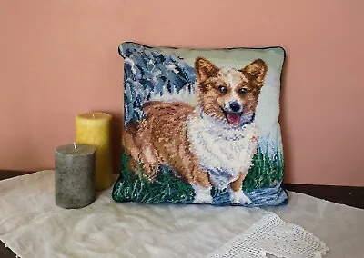 Vintage Corgi Dog Needlepoint Pillow Wool 13 X13  Homemade Removable Cover (J1) • $24.99