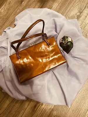 Ackery London Vintage Proper 60’s Dark Chestnut Patent Leather Frame Bag • £40