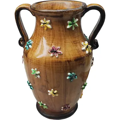 VTG MCM  Italian Pottery Double Handled Vase Applied Flowers Brown Ware 6.25  • $20.69