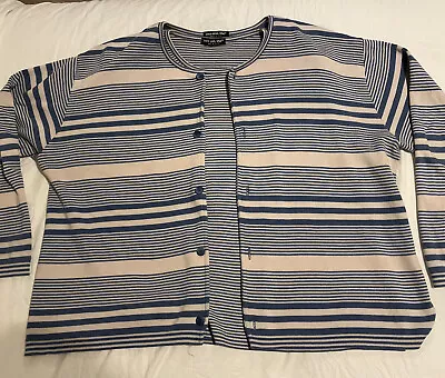 Joan Vass Usa All Cotton 2X Cardigan Set Cream And Blue Stripes Cardigan Shell • $16.99