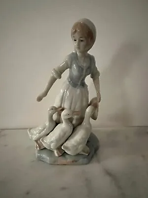 Vintage Porcelain Girl With 3 Geese Figurine 9  In   Lladro  Style Duncan Royale • $49