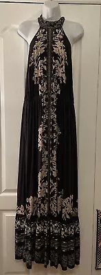 Venus Mock-Neck Black Floral Maxi Dress Sleeveless Size 18 With Ruffled Bottom • $24.99