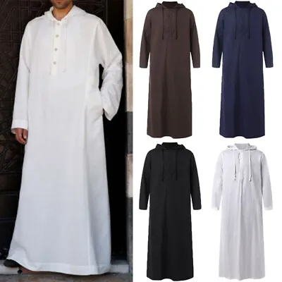 Mens Saudi Thobe Jubba Dishdasha Muslim Islamic Arab Hoody Kaftan Long Maxi Robe • $23.99