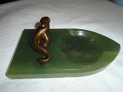 Antique Bronze Seal Onyx Base Ashtray Austria Vienna Jade Green Sculpture   $350 • $150