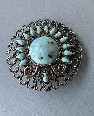 Vintage Faux Turquoise Silver Tone Filigree Brooch Pin • $47.20