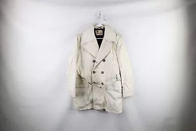 Vintage 70s Streetwear Mens 40 Distressed Belted Leather Trench Coat White USA • $104.96