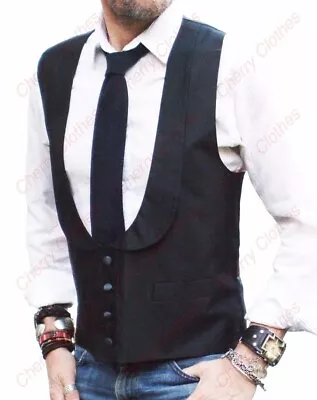 Mens Black Silk Horseshoe Low U Cut Lapel Collar Waistcoat Vest - M L Xl Xxl • $72.08