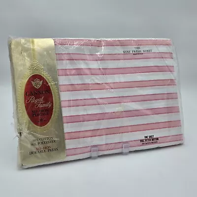Vintage Full Fitted Sheet Royal Family Cannon Tempo Pink Stripe Percale NOS #523 • $24.99