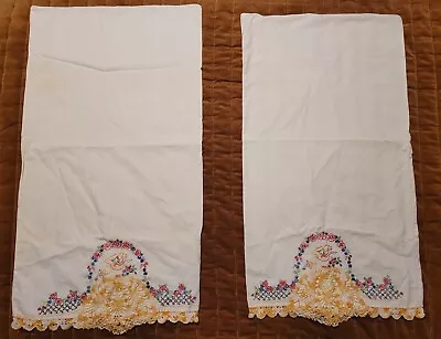 Vintage Cotton Hand Embroidered Pillowcases Southern Ladies Dress Flowers Bonnet • $12