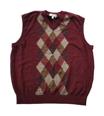 Turnbury Men's XL Burgundy Argyle 100% Merino Wool Knit Sweater Vest V-Neck Warm • $15.95