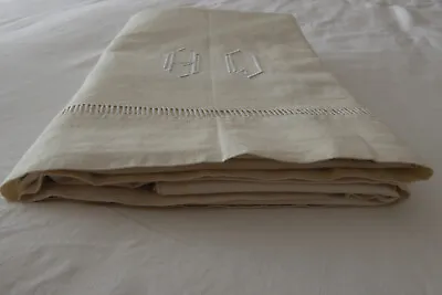 Unused Vintage French Metis Fabric / Sheet - Ladderwork & Monogramme Ho • £50