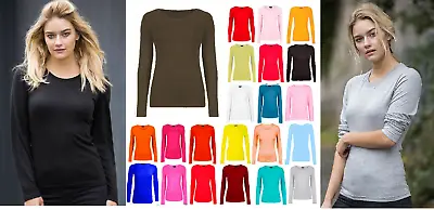 Long Sleeve Plain Basic Round Neck Ladies Kids Girls Women's Stretch T-Shirt • £4.99