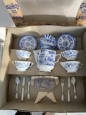 Vtg. 1950's Blue Willow Tea Set Boxed Cups Pot Creamer Cutlery Napkins Story Inc • $225