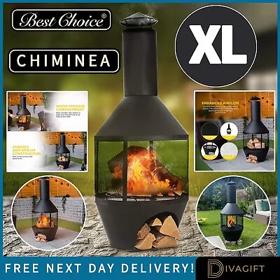 Chiminea Steel Cast Iron Fire Pit Garden Patio Heater Outdoor Log Burner Storage • £79.99