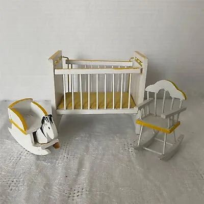 1970s Doll House Furniture Wooden Crib Rocking Chair Horse White Yellow 3 Pc Vtg • $16.50