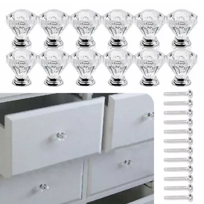 Clear Diamond 12Pcs/Set Crystal Glass Door Knobs Drawer Wardrobe Cabinet Handles • £8.94